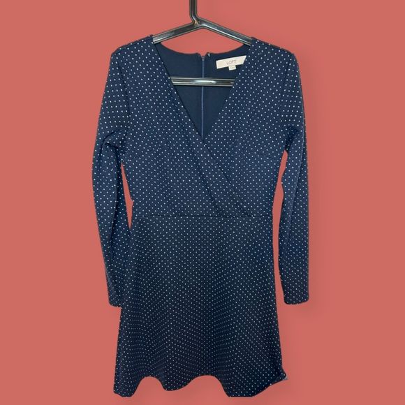🔵 LOFT POLKA DOT JACQUARD LONG SLEEVE FIT&FLARE SKATER DRESS BLUE SIZE 2 - Picture 2 of 5